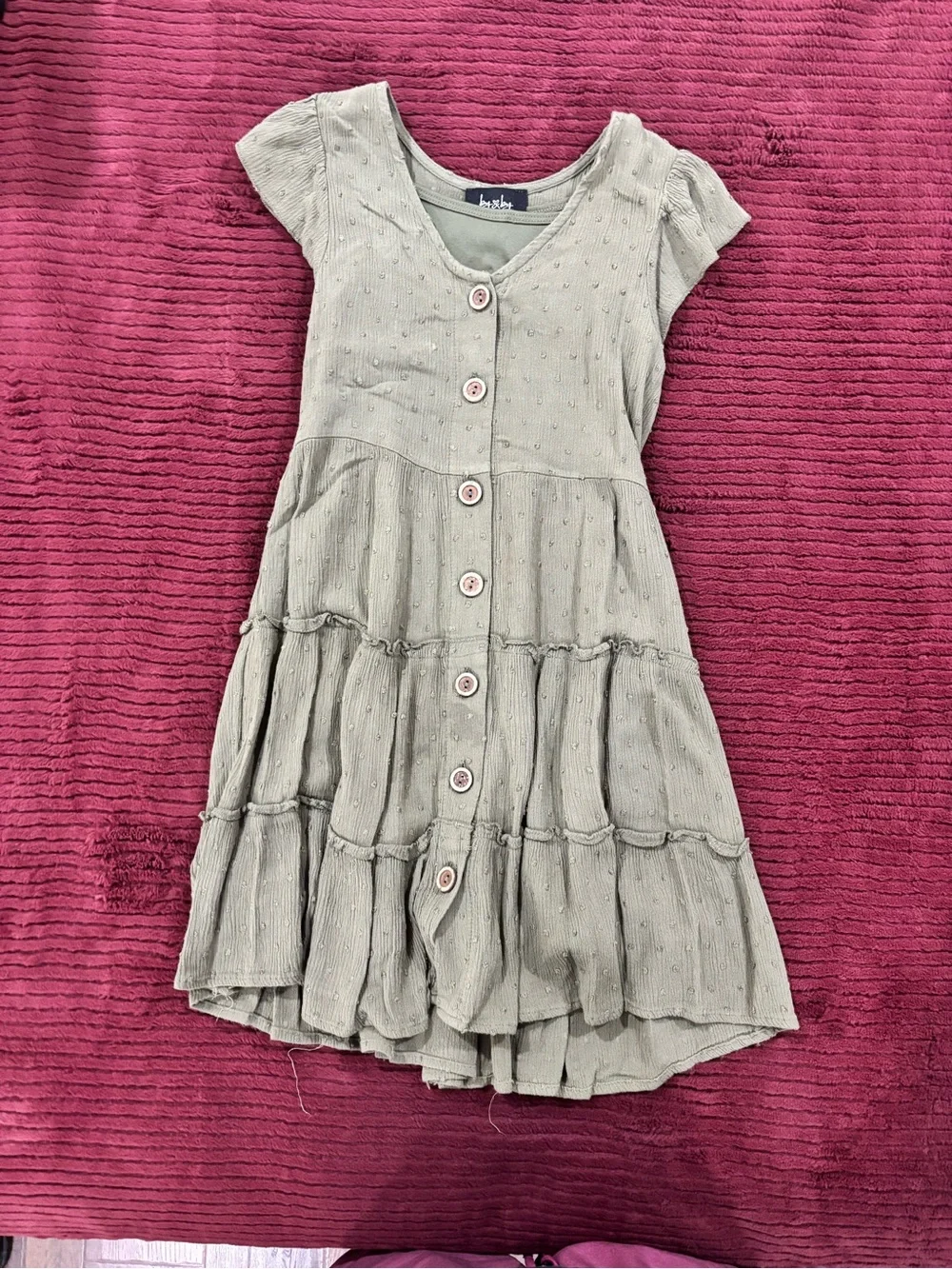 Olive Green Button-Front Tiered Dress